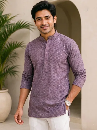 Stylish Chikan Work Fabric in  Full Sleeves Short kurta